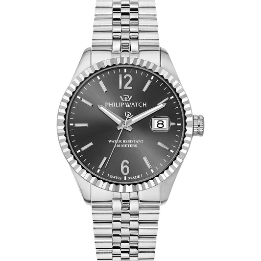 Orologio da uomo Philip watch con movimento al quarzo ETA F06.115 e funzioni di solo tempo con data.
Cassa in acciaio inox dal diametro di 41 mm. Lunetta zigrinata.
Fondello e corona a vite per garantire maggiore impermeabilità.
Quadrante analogico grigio con indici a bastoni, numeri arabi a ore 12 e 6 e datario a ore 3. Vetro zaffiro antiriflesso.