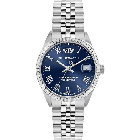 Orologio da donna con movimento al quarzo ETA F05.115 e funzioni di solo tempo con data.
Cassa rotonda in acciaio inox dal diametro di 35 mm. Lunetta zigrinata. Fondello e corona a vite. 