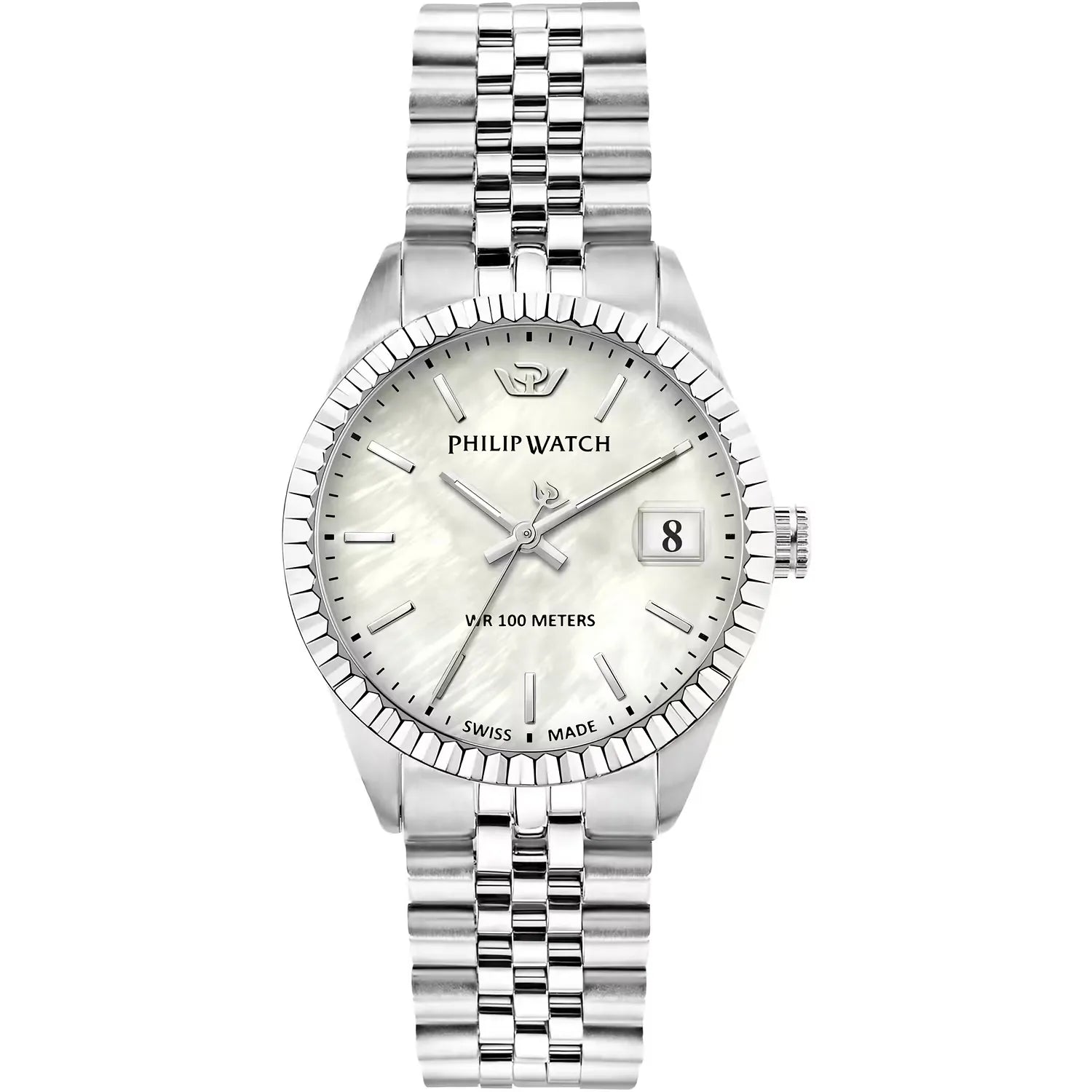 rologio philip watch da donna con movimento al quarzo e funzioni di solo tempo con data.
Cassa in acciaio inox dal diametro di 35 mm e spessore di 9,15 mm. Ghiera zigrinata.
Quadrante analogico in madreperla con indici a bastoni e datario 