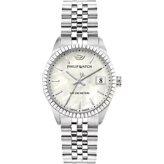 rologio philip watch da donna con movimento al quarzo e funzioni di solo tempo con data.
Cassa in acciaio inox dal diametro di 35 mm e spessore di 9,15 mm. Ghiera zigrinata.
Quadrante analogico in madreperla con indici a bastoni e datario 