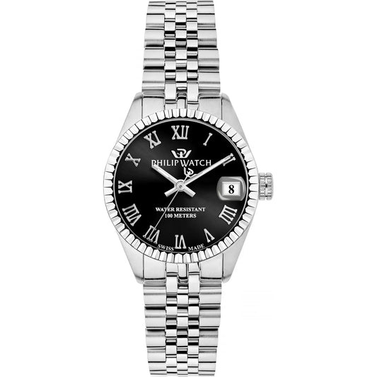 Orologio da donna philip Watch con movimento al quarzo ETA F05.115 e funzioni di solo tempo con data.
Cassa rotonda in acciaio inox dal diametro di 31 mm. Lunetta zigrinata. Fondello e corona a vite. 
Quadrante nero con indici a numeri romani