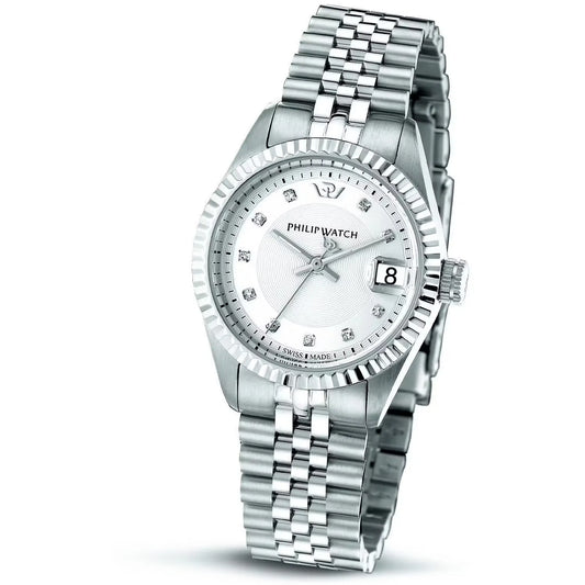 Orologio Donna Philip Watch Caribe al Quarzo con Quadrante silver 31 mm e indici con Diamanti. Lunetta zigrinata. Fondello e corona a vite. Vetro Zaffiro.