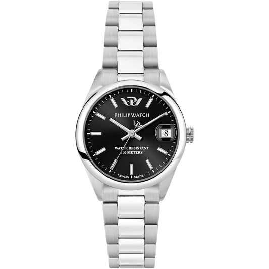 Orologio da donna Philip Watch della collezione Caribe. Il movimento dell'orologio è al quarzo Swiss Made con funzione datario. La cassa dell'orologio è realizzata in acciaio, diametro 31 mm. Il bracciale è realizzato in acciaio. Il quadrante è di colore nero. 