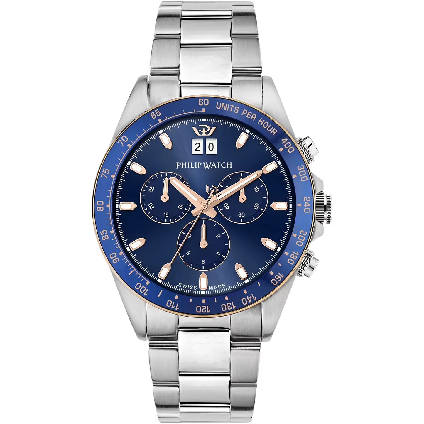 orologio da uomo philip watch con movimento al quarzo ronda 5040 e funzione di crongorafo con data.
cassa in acciaio inox dal diametro di 42 mm. lunetta con inserto in alluminio blu.