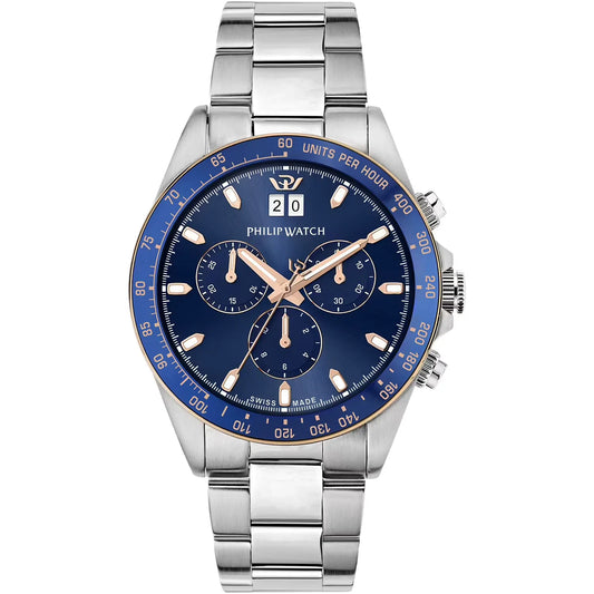 Orologio da uomo Philip Watch con movimento al quarzo RONDA 5040 e funzione di crongorafo con data.
Cassa in acciaio inox dal diametro di 42 mm. Lunetta con inserto in alluminio blu.