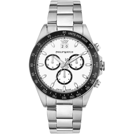 Orologio da uomo Philip Whatch con movimento al quarzo RONDA 5040 e funzione di cronografo con data.
Cassa in acciaio inox dal diametro di 42 mm. Lunetta con inserto in alluminio nero