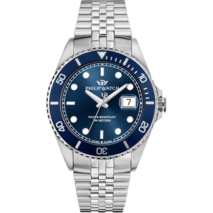 Orologio Philip Watch collezione Caribe Uomo con movimento al quarzo funzione solo tempo con datario cassa e bracciale in acciaio diametro 42mm quadrante blu