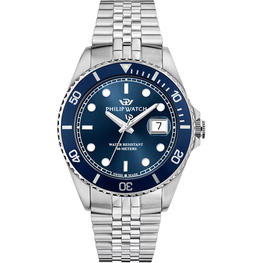 Orologio Philip Watch collezione Caribe Uomo con movimento al quarzo funzione solo tempo con datario cassa e bracciale in acciaio diametro 42mm quadrante blu