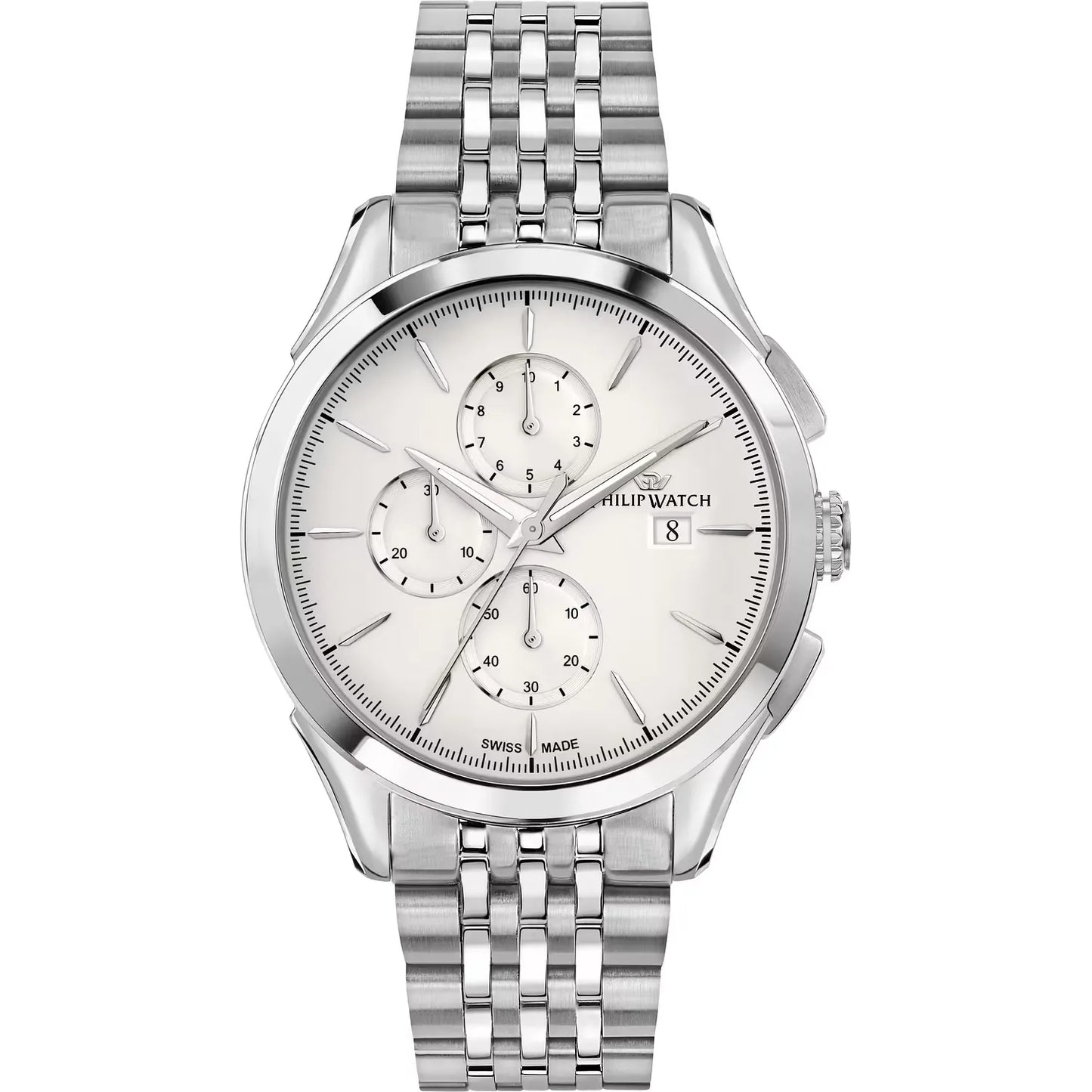 orologio da uomo con movimento al quarzo ronda 3540 e funzioni di cronografo con data.
cassa in acciaio inox dal diametro di 41 mm. fondello a vite.