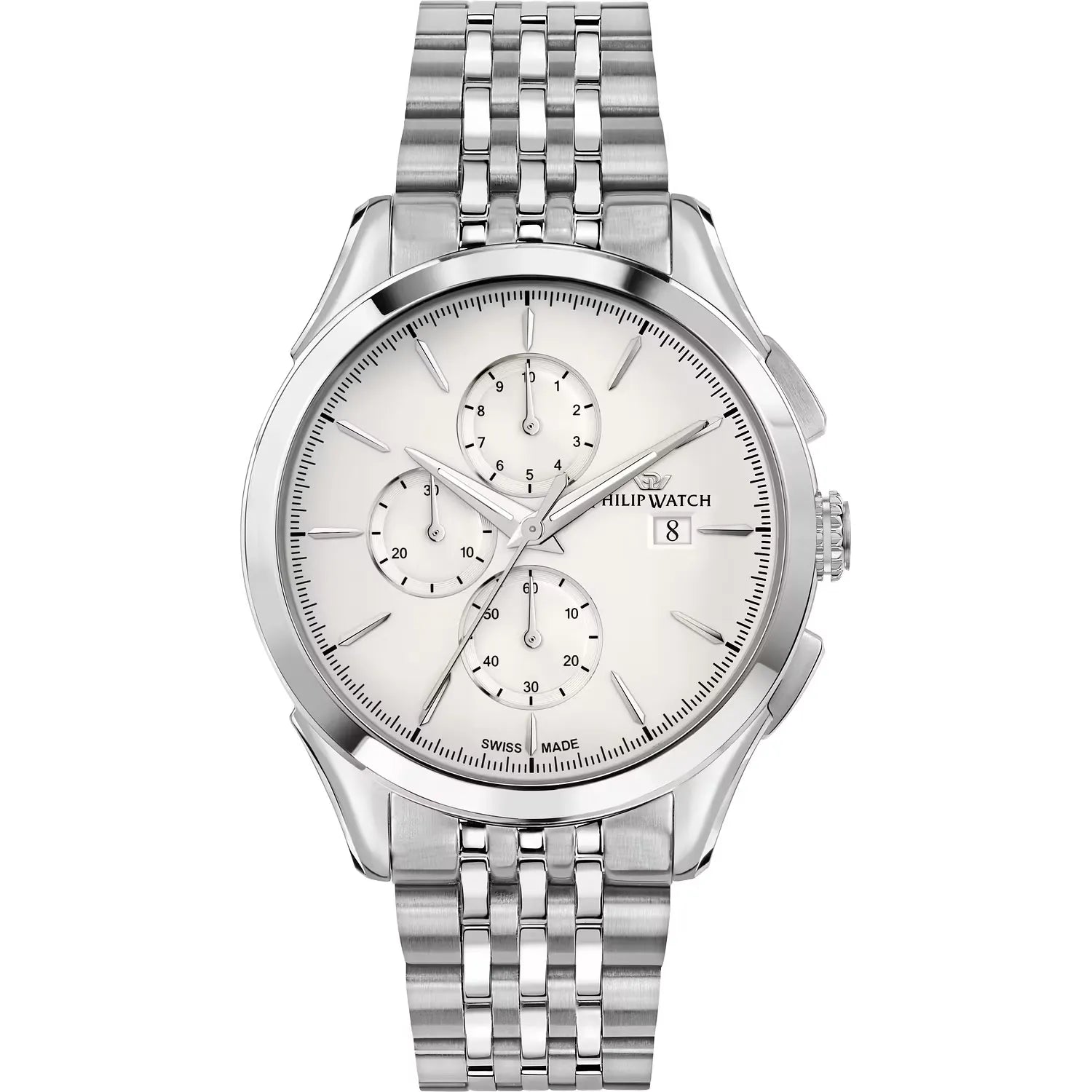 Orologio da uomo con movimento al quarzo RONDA 3540 e funzioni di cronografo con data.
Cassa in acciaio inox dal diametro di 41 mm. Fondello a vite.
